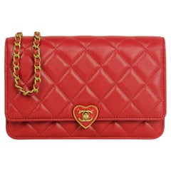 Chanel NEW Red Lambskin Quilted CC Heart Wallet On Chain WOC Crossbody Bag