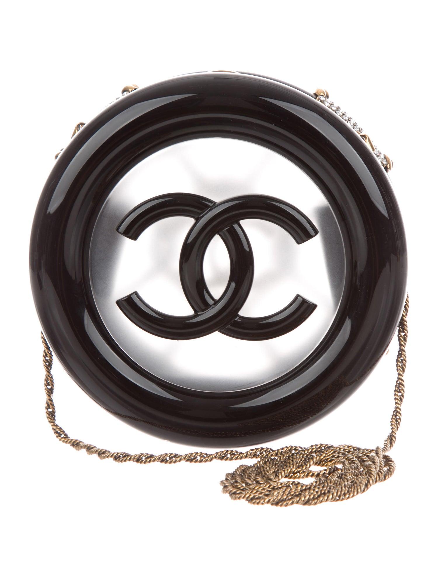 Chanel NEW Runway Black Crystal Gold Round La Pausa Evening Clutch Shoulder Bag in Box

Resin 
Crystal
Gold tone hardware
Leather lining 
Push lock closure
Shoulder strap drop 25