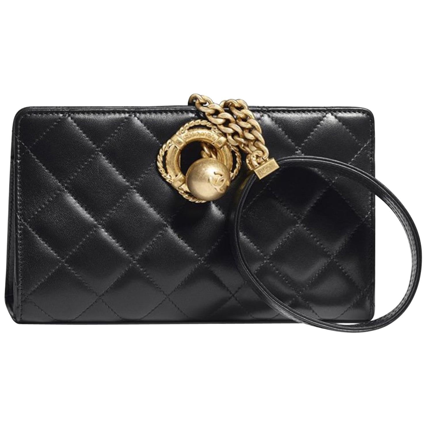 Chanel NEW Runway Black Gold Wristlet Clutch Top Handle Evening Shoulder Bag