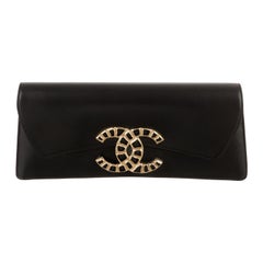 Chanel NEW Runway Black Leather Gold Brooch Envelope Evening Clutch Bag in Box 
