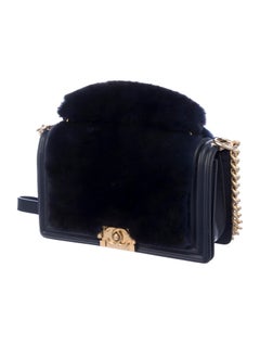 Chanel NEW Runway Dark Blue Leather Fur Gold Boy Evening Shoulder Flap Bag