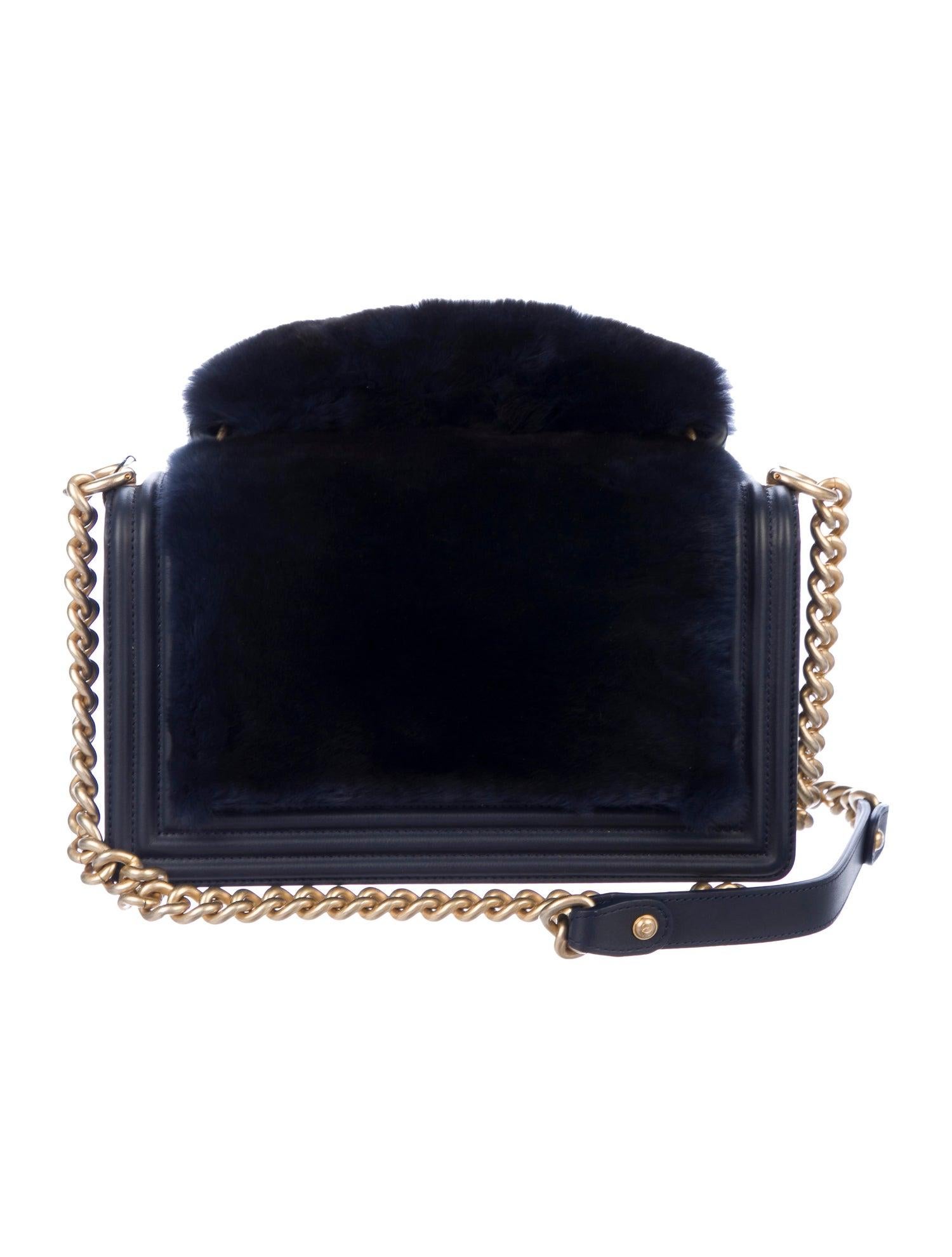 Black Chanel NEW Runway Dark Blue Leather Fur Gold Boy Evening Shoulder Flap Bag