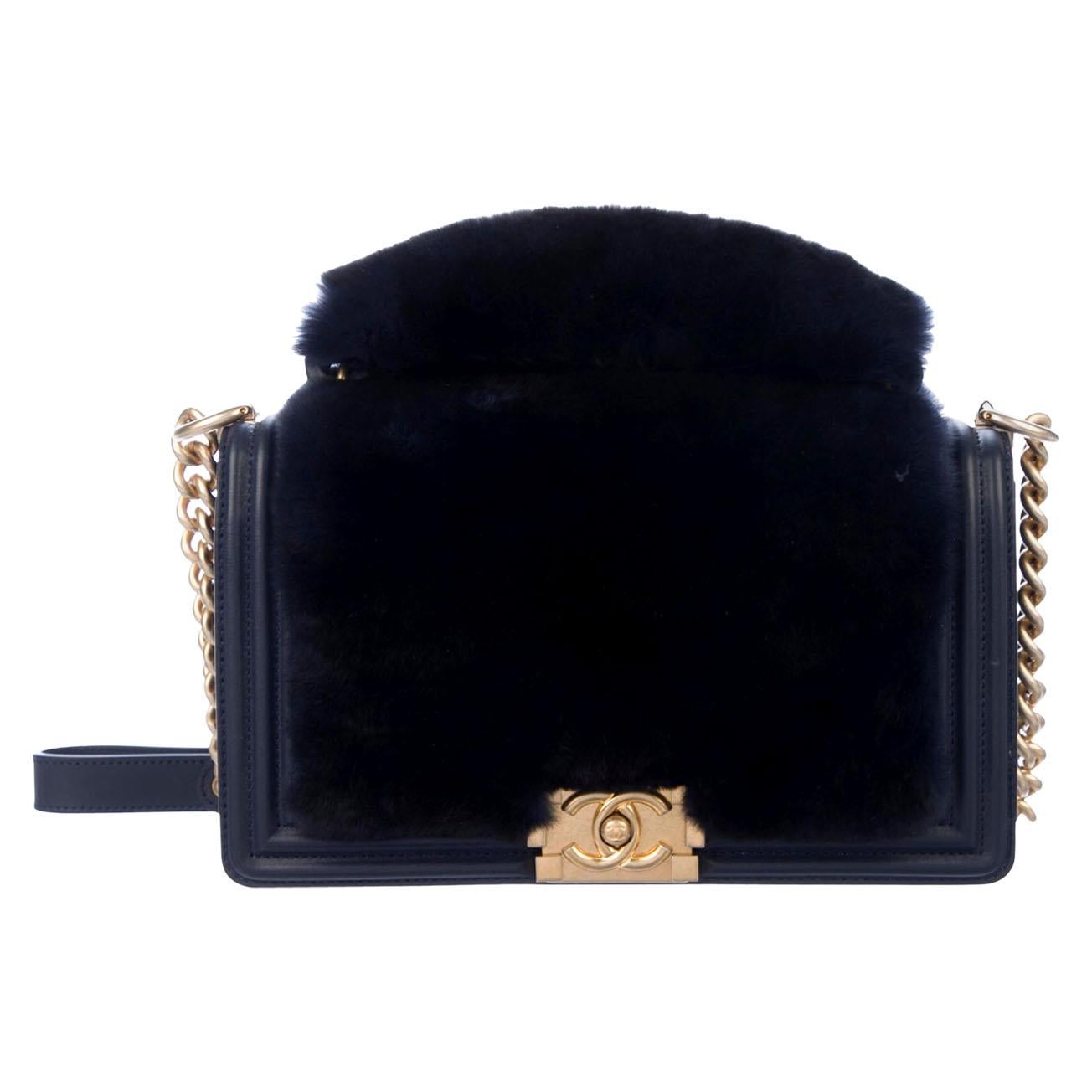 Chanel NEW Runway Dark Blue Leather Fur Gold Boy Evening Shoulder Flap Bag