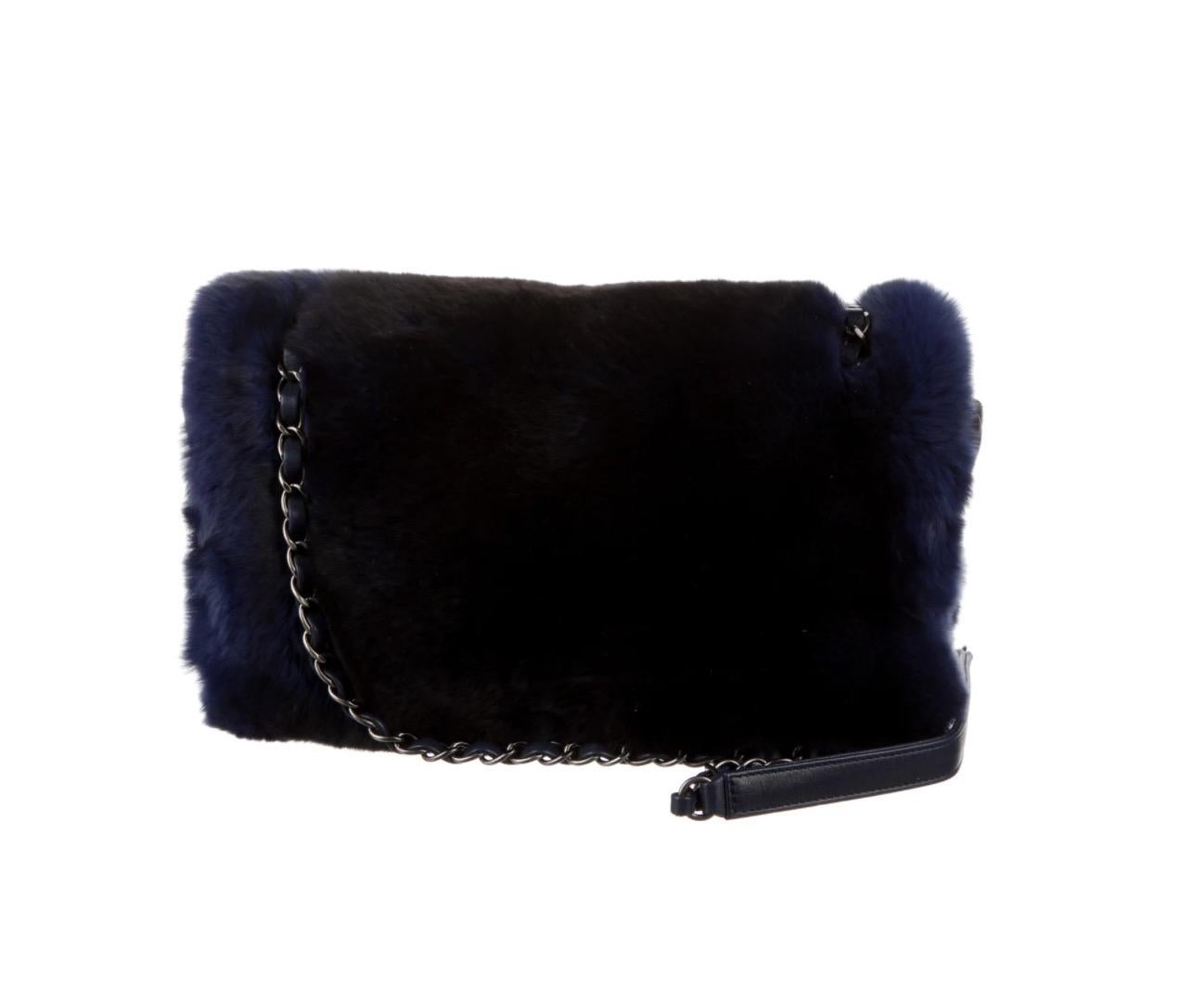 Black Chanel NEW Runway Dark Blue Leather Fur Silver Crystal Evening Shoulder Flap Bag