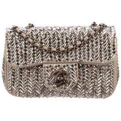Chanel NEW Runway Nude Taupe Crystal Silver Small Evening Shoulder Flap Bag