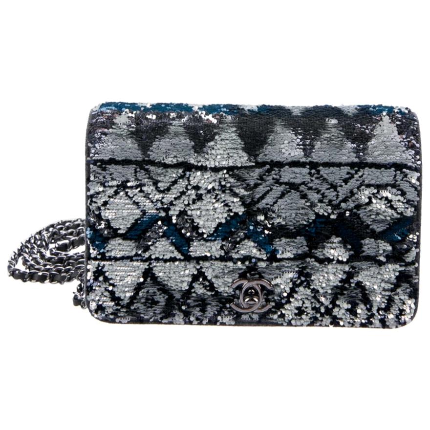 Chanel NEW Silver Blue Sequin Small WOC Wallet Chain Evening Shoulder Flap Bag