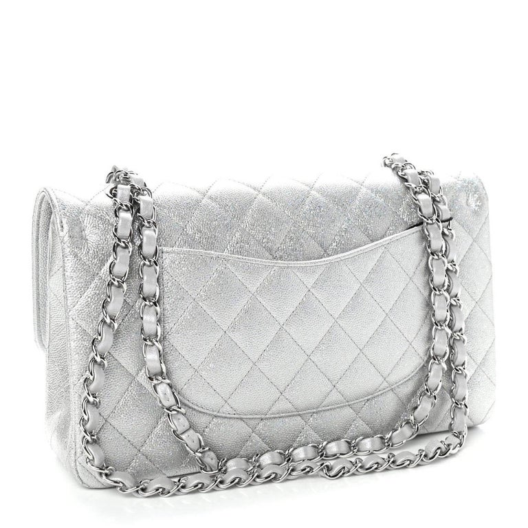 CHANEL NEW Silver Glitter Caviar Leather Silver Medium Flap Shoulder Bag