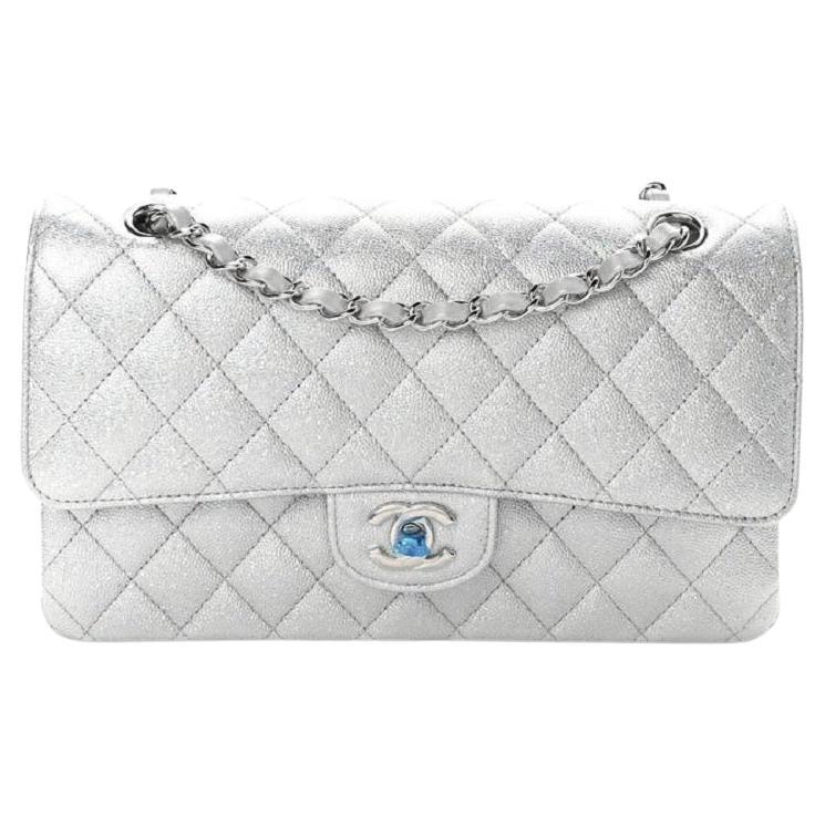 CHANEL NEW Silver Glitter Caviar Leather Silver Medium Flap Shoulder Bag  For Sale at 1stDibs | chanel silver bag, silver chanel flap bag, silver  glitter chanel bag