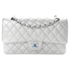 CHANEL NEW Silver Glitter Caviar Leather Silver Medium Flap Shoulder Bag