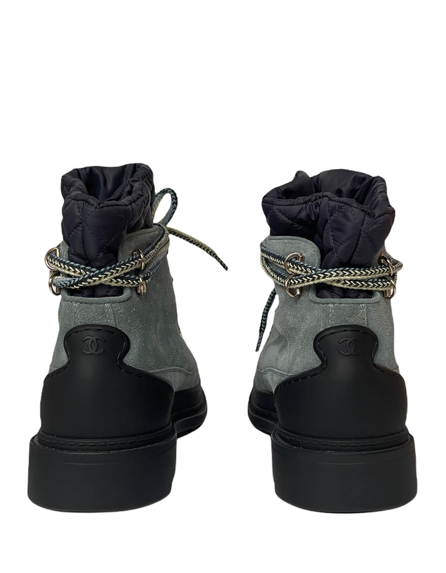 Women's Chanel NEW Slate Blue Suede Logo Lace Up Boots w/ Nylon Insert sz 40
