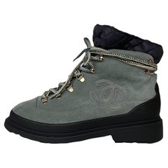 Chanel NEW Slate Blue Suede Logo Lace Up Boots w/ Nylon Insert sz 40