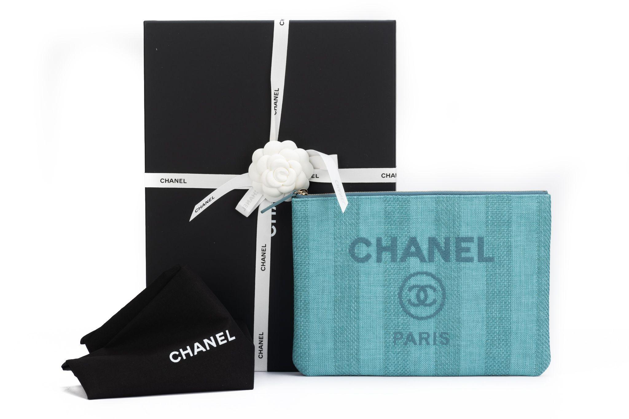 Chanel New Striped Deauville Aqua Clutch For Sale 3