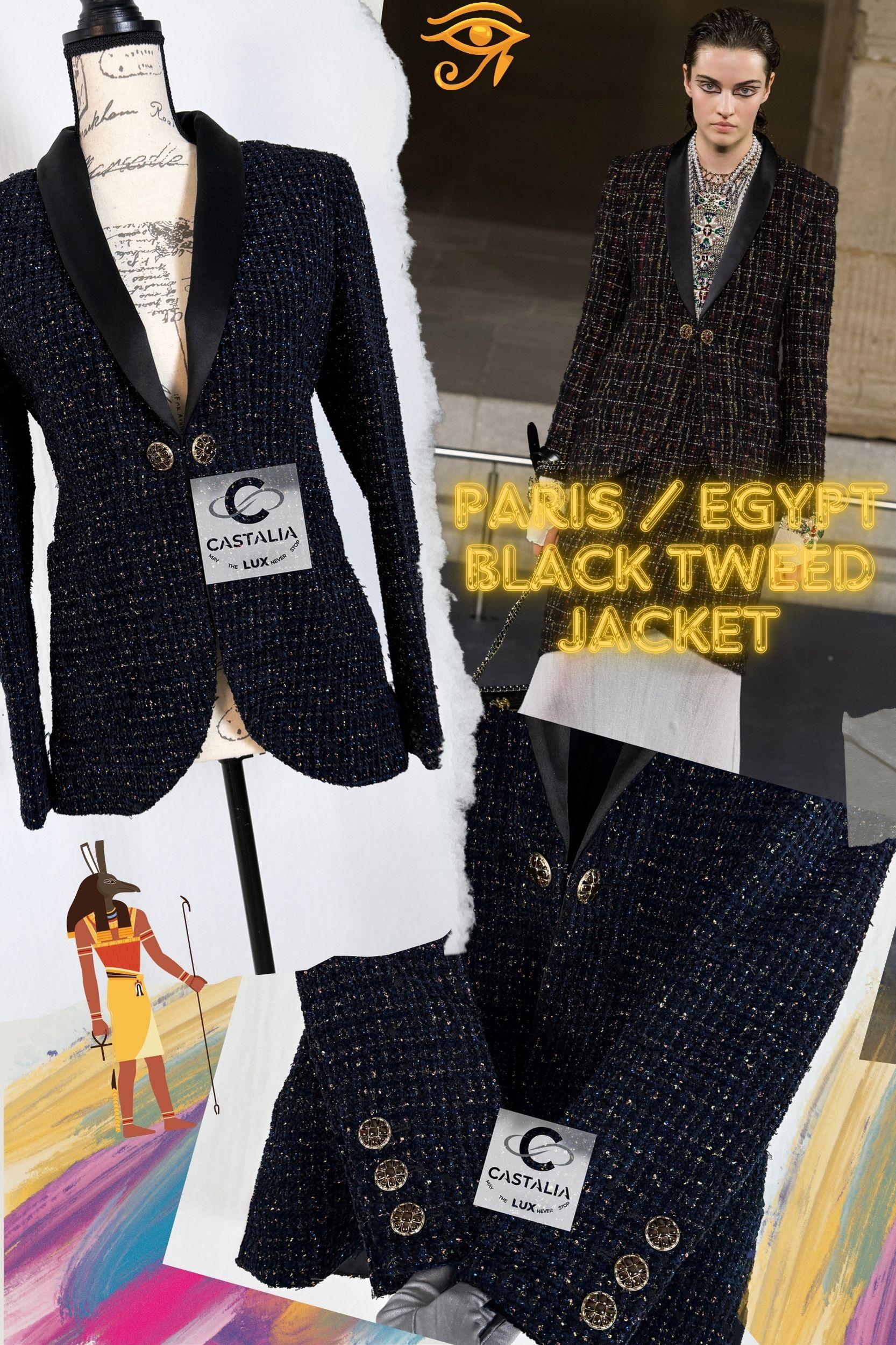 NEw stunning Chanel black shimmering tweed jacket from Paris / EGYPT / New-York Collection, 2019 Metiers d'Art
- CC logo jewel Gripoix buttons at front and cuffs
- marvellous Lesage tweed with intricate shimmer
- black silk lining, chain link at