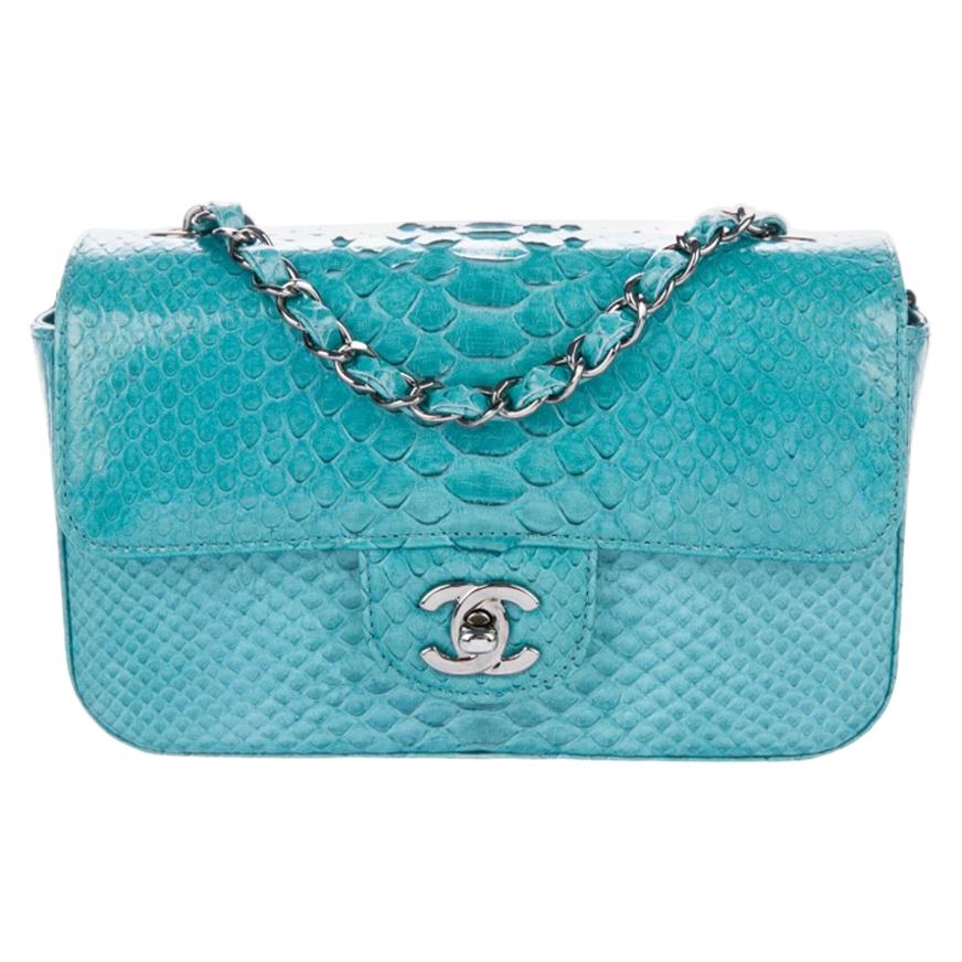 Chanel NEW Teal Blue Silver Snakeskin Leather Evening Small Shoulder Flap  Bag For Sale at 1stDibs