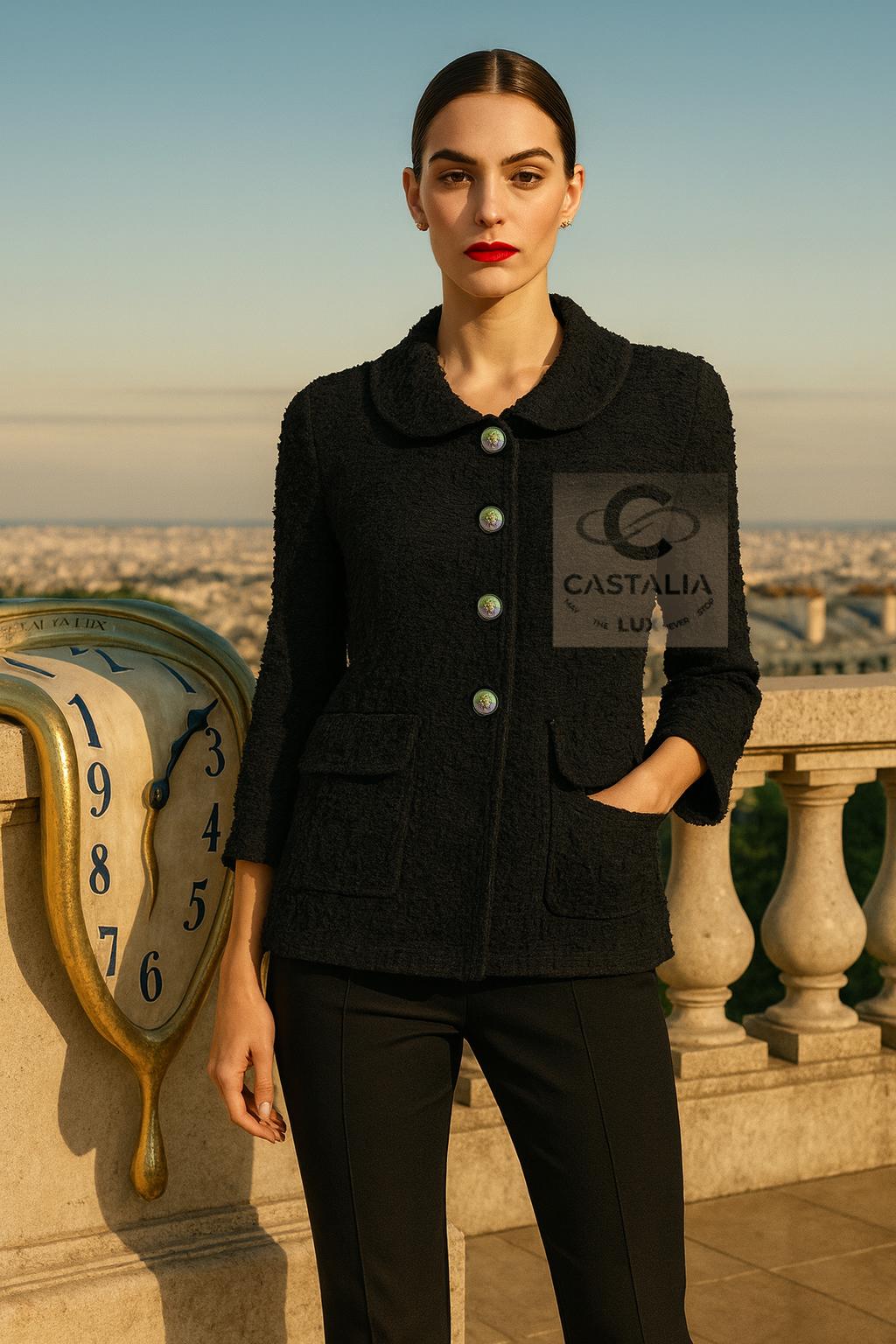 da uomo o donna Chanel Nuova Giacca Senza Tempo in Boucle Tweed Nero 42 FR in vendita