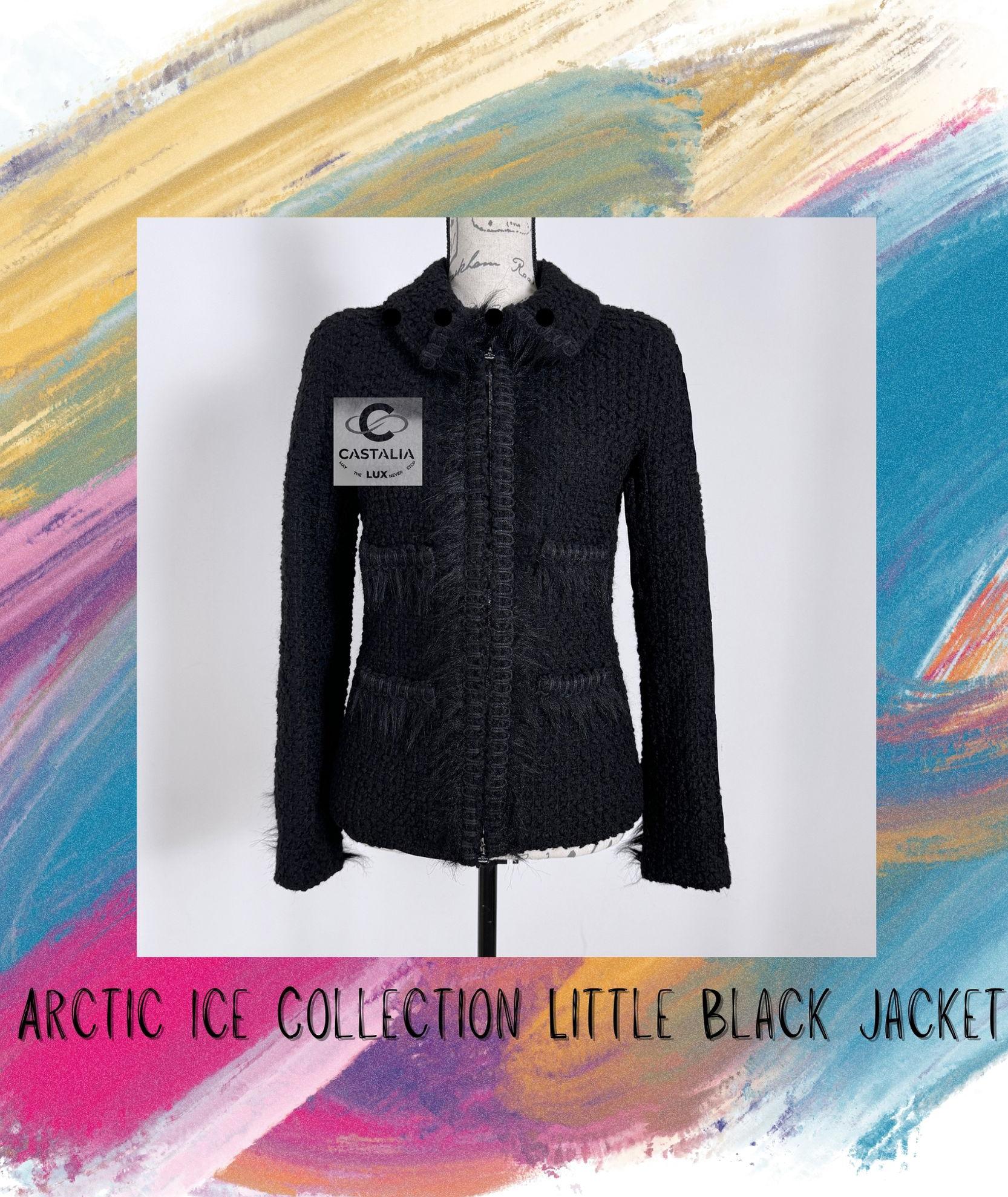 New Chanel timeless black tweed jacket from ARCTIC Ice Collection by Karl Lagerfeld.
- fluffy fantasy trim throughout 
- CC logo silver-tone two-way zipper at front
- black silk lining
Size mark 38 FR