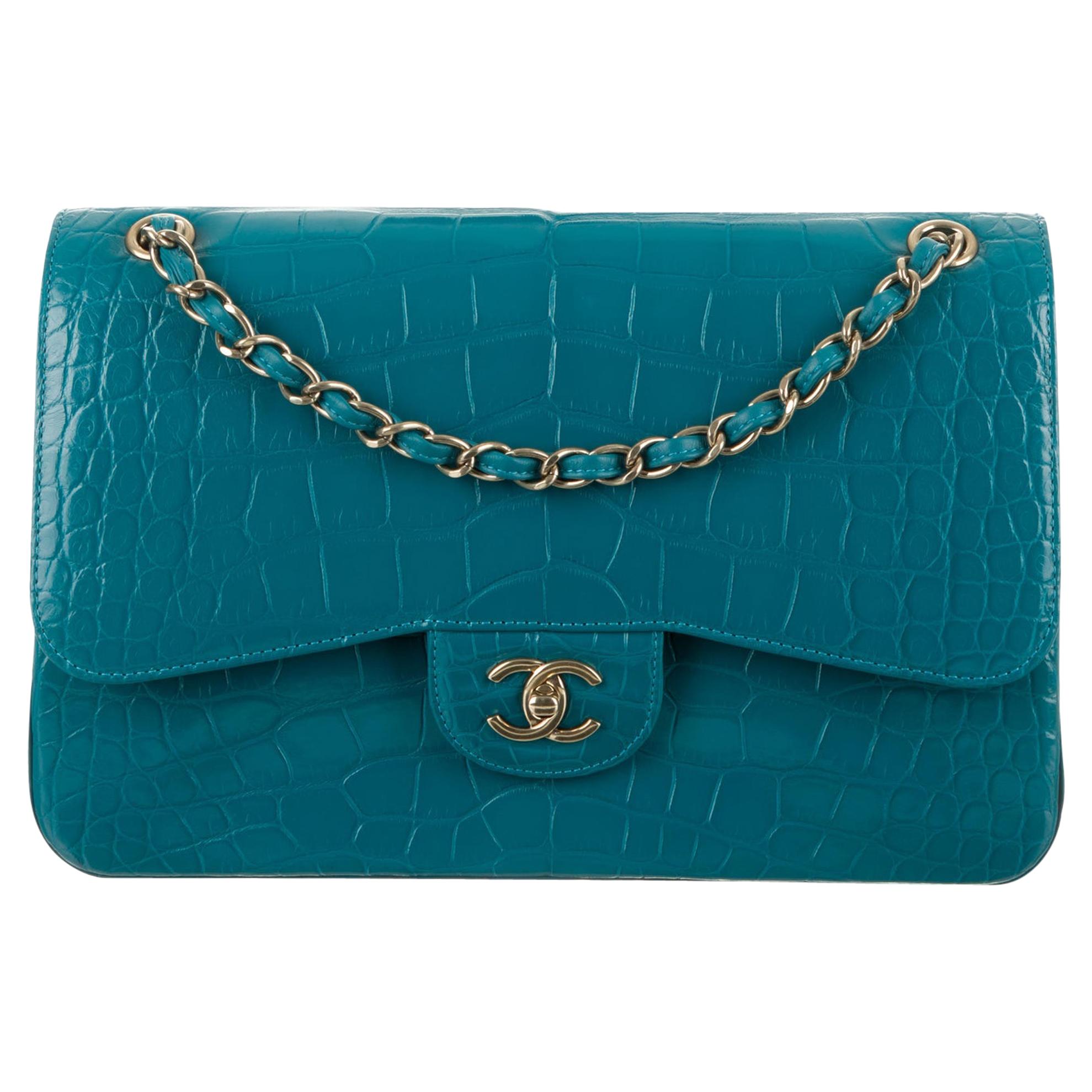 Chanel NEW Turquoise Alligator Exotic Skin Gold Large Shoulder Flap Bag in Box