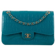 Chanel NEW Turquoise Alligator Exotic Skin Gold Large Shoulder Flap Bag in Box