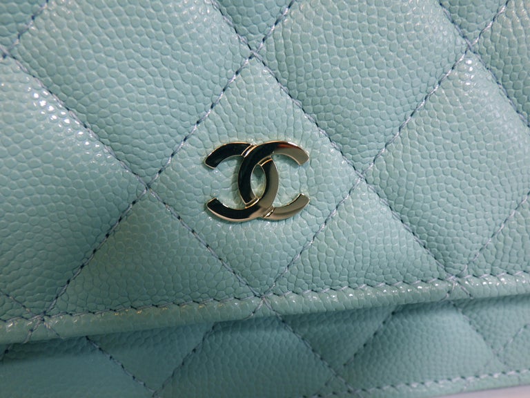 CHANEL New w/ Tags 20C Wallet on a chain Light Blue / Gold WOC / Crossbody  at 1stDibs
