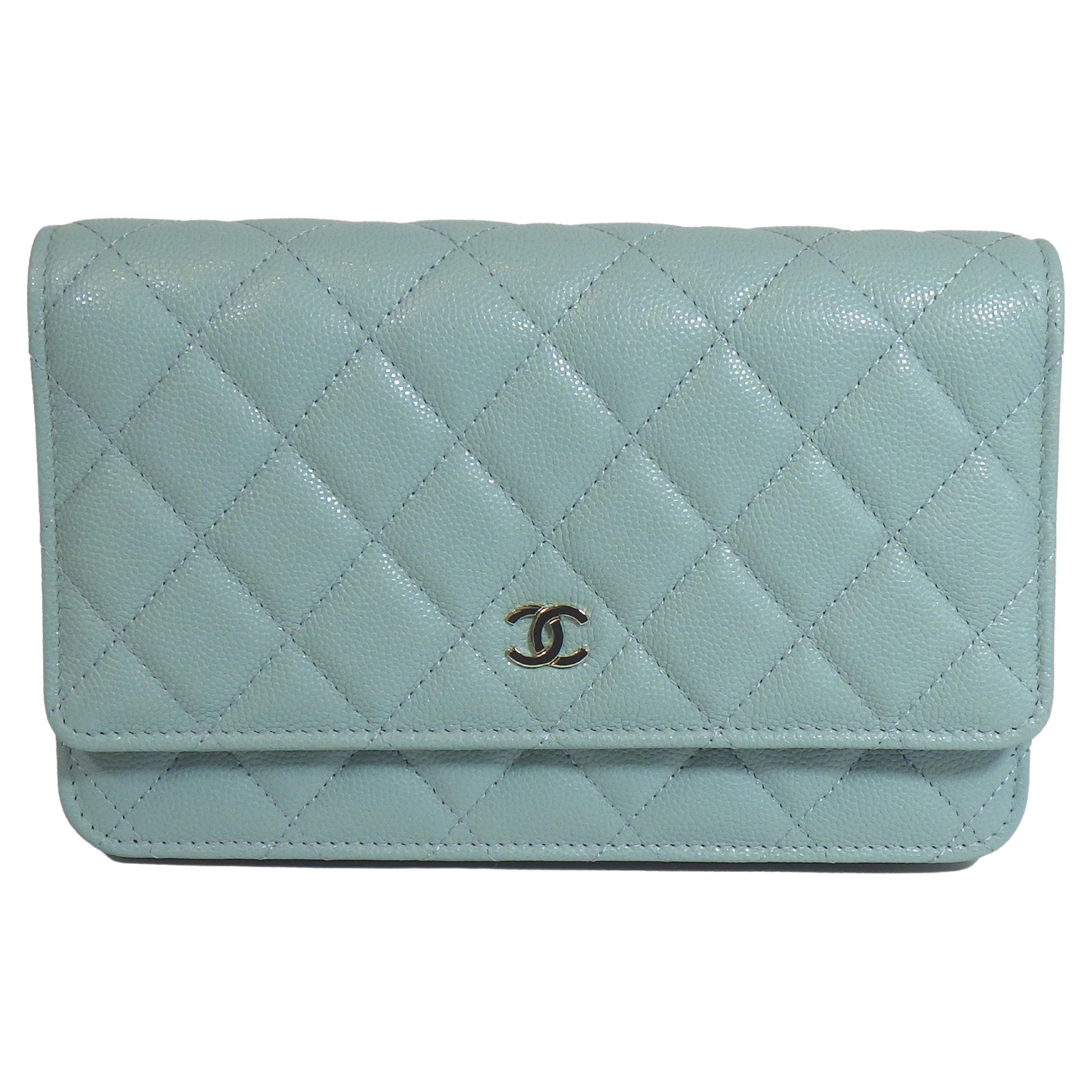 CHANEL New w/ Tags 20C Wallet on a chain Light Blue / Gold WOC