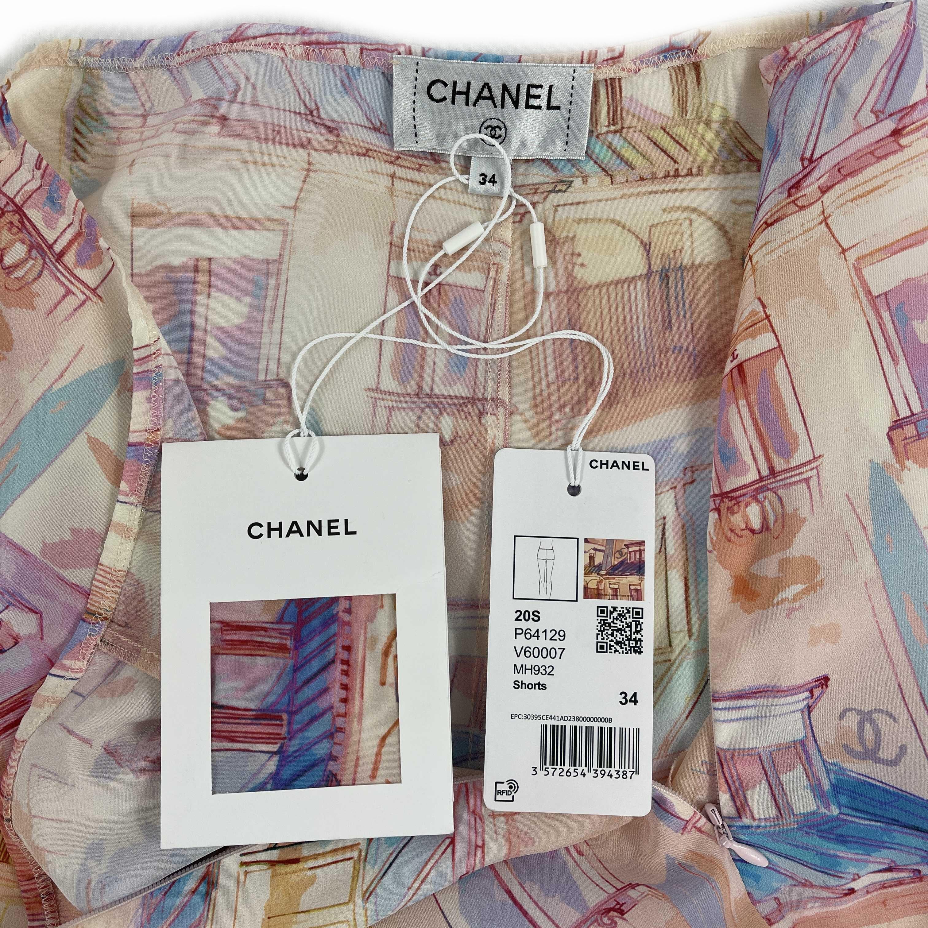 CHANEL New w/ Tags 20S Paris Print Pastel Shorts 34 US 2 In New Condition In Sanford, FL