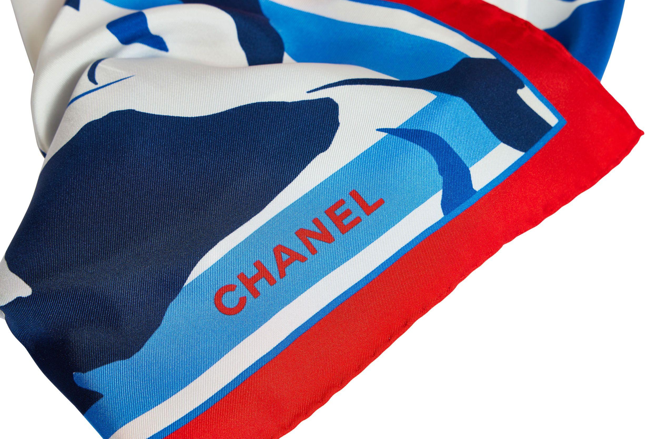 Gray Chanel New White And Blue Silk Red CC Scarf For Sale