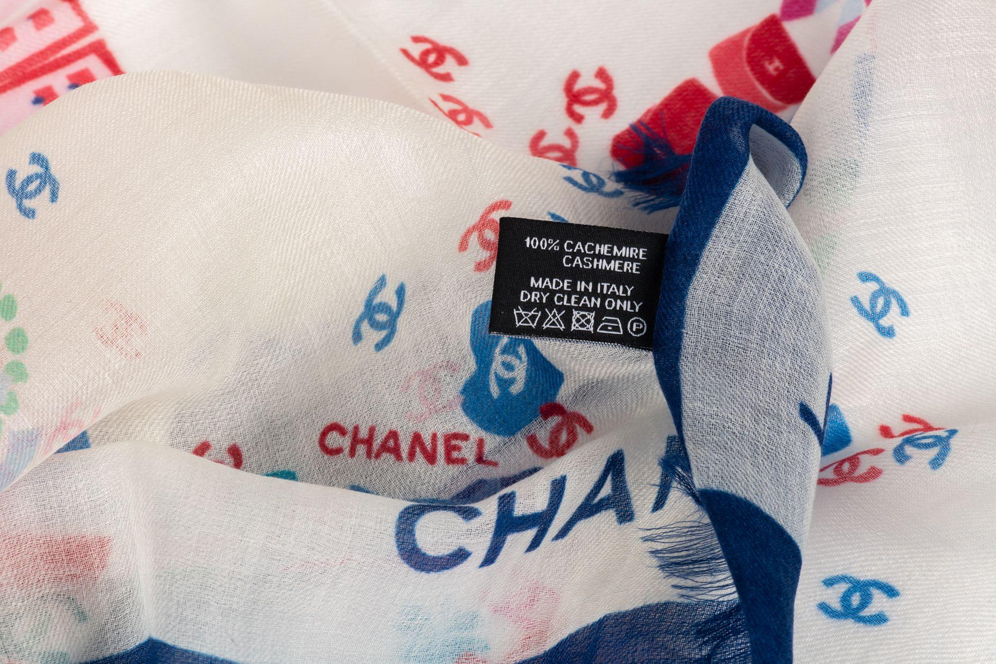 Beige Chanel New White Blue Cashmere Shawl For Sale