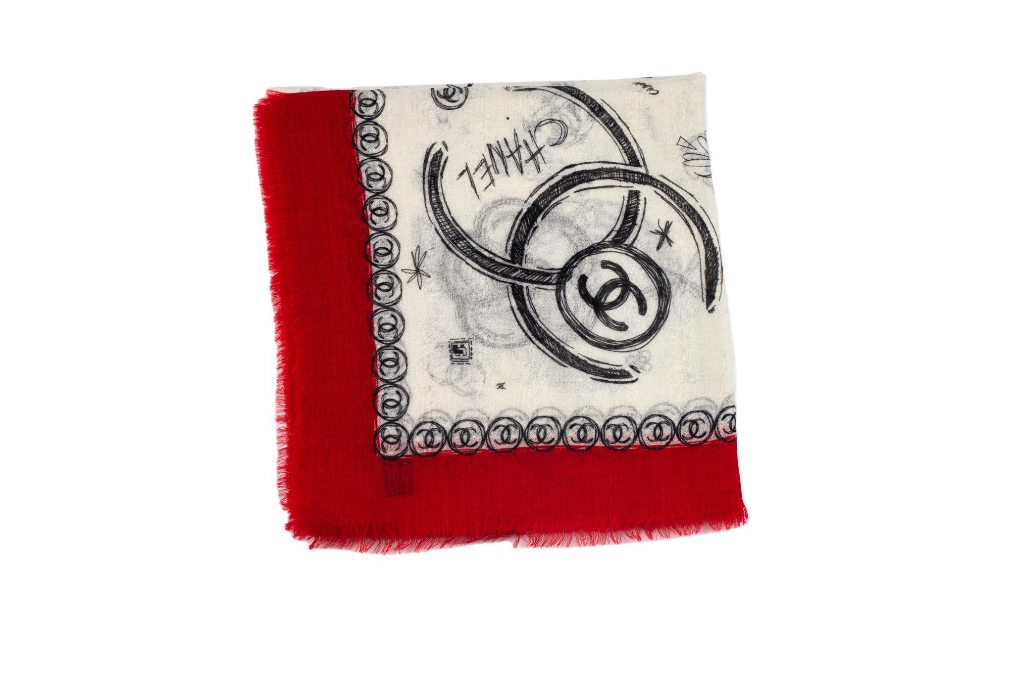 Chanel New White /Red Cashmere Shawl For Sale 1