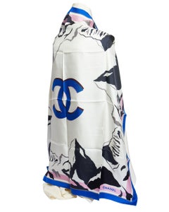 Chanel New Weiß Seide Blau CC Logo Schal