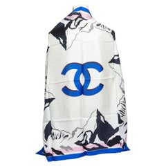Chanel New White Silk Blue CC Logo Scarf