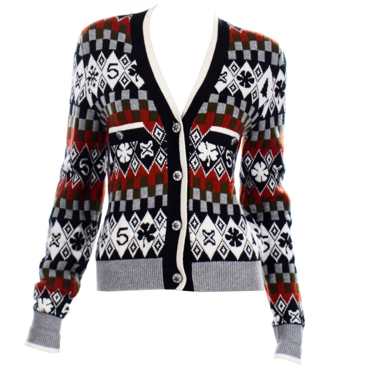 Chanel New With Tags 2019 Cardigan Sweater W Snowflakes Camellias and  Number 5 at 1stDibs