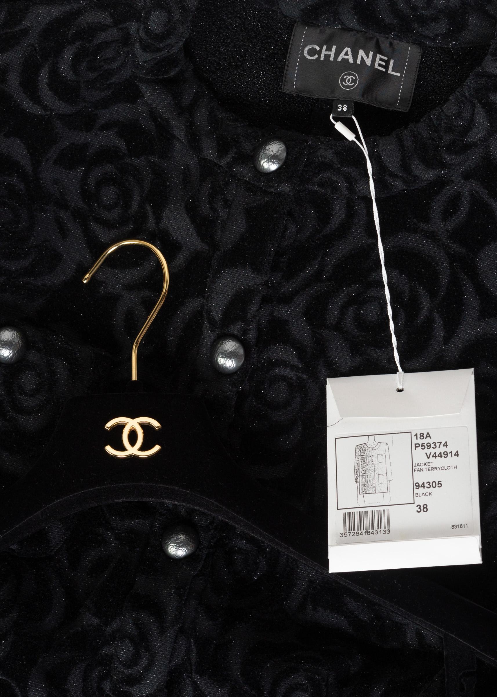 Chanel New with Tags Black Shimmer Cotton Velour Camellia Jacket Pre Fall, 2018 5