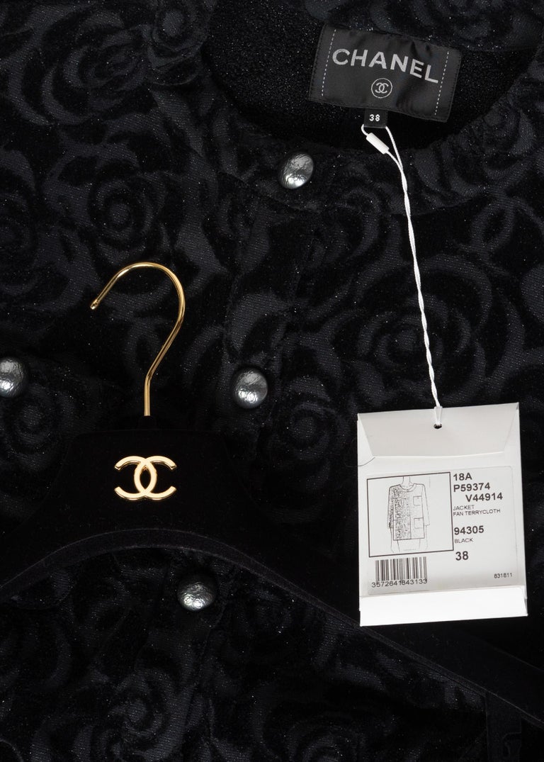 Chanel New with Tags Black Shimmer Cotton Velour Camellia Jacket Pre ...