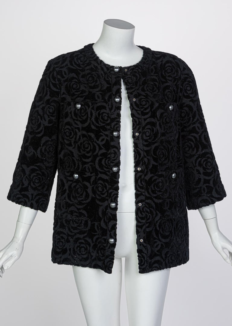 Chanel New with Tags Black Shimmer Cotton Velour Camellia Jacket Pre Fall,  2018