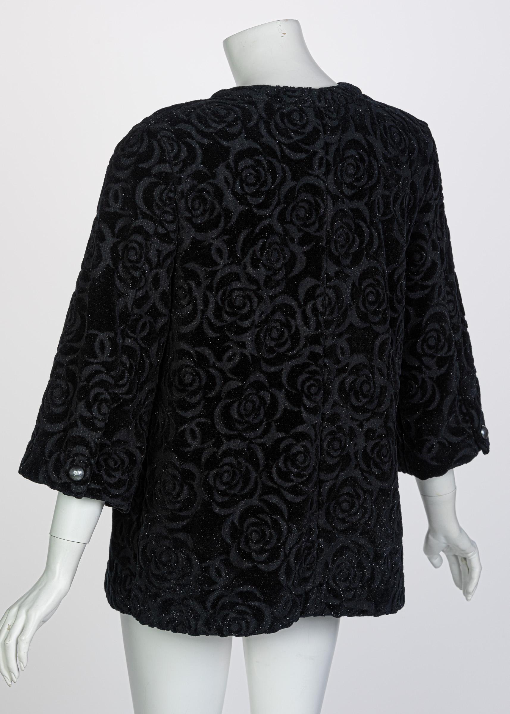 Chanel New with Tags Black Shimmer Cotton Velour Camellia Jacket Pre Fall, 2018 In New Condition In Boca Raton, FL