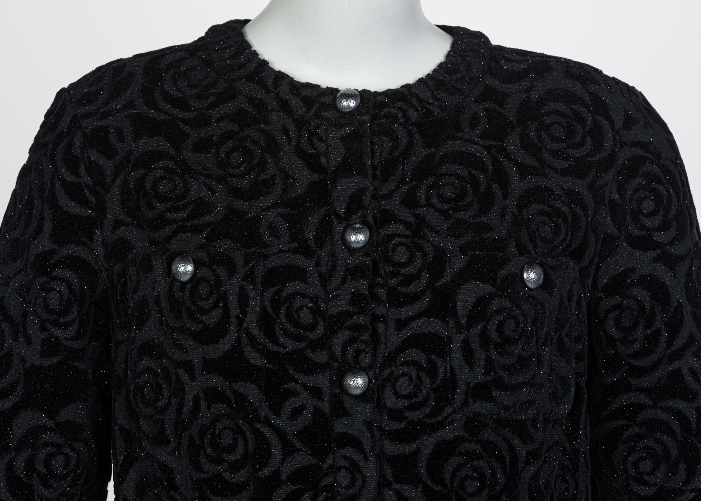 Chanel New with Tags Black Shimmer Cotton Velour Camellia Jacket Pre Fall, 2018 1