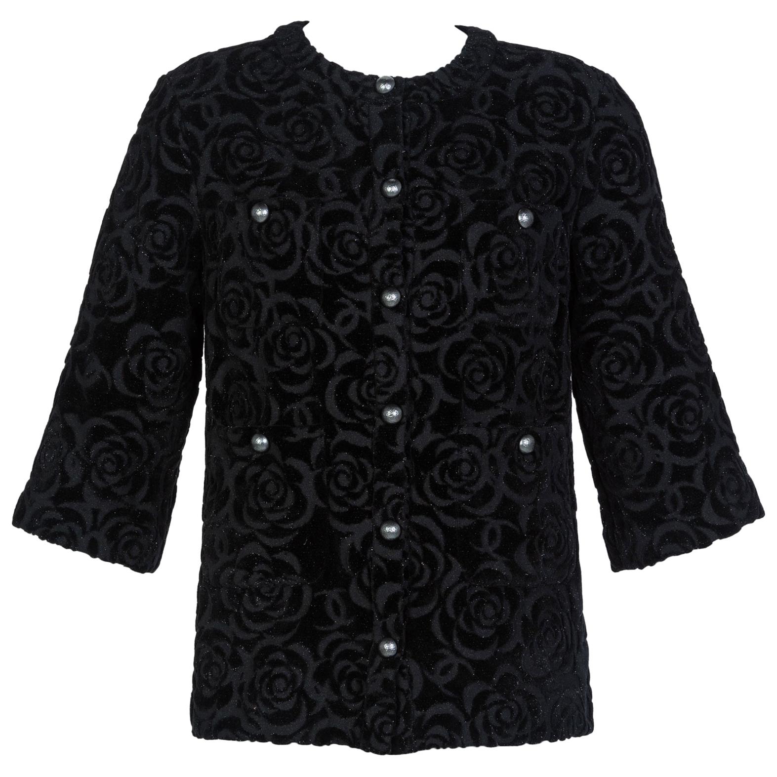 Chanel New with Tags Black Shimmer Cotton Velour Camellia Jacket Pre Fall, 2018