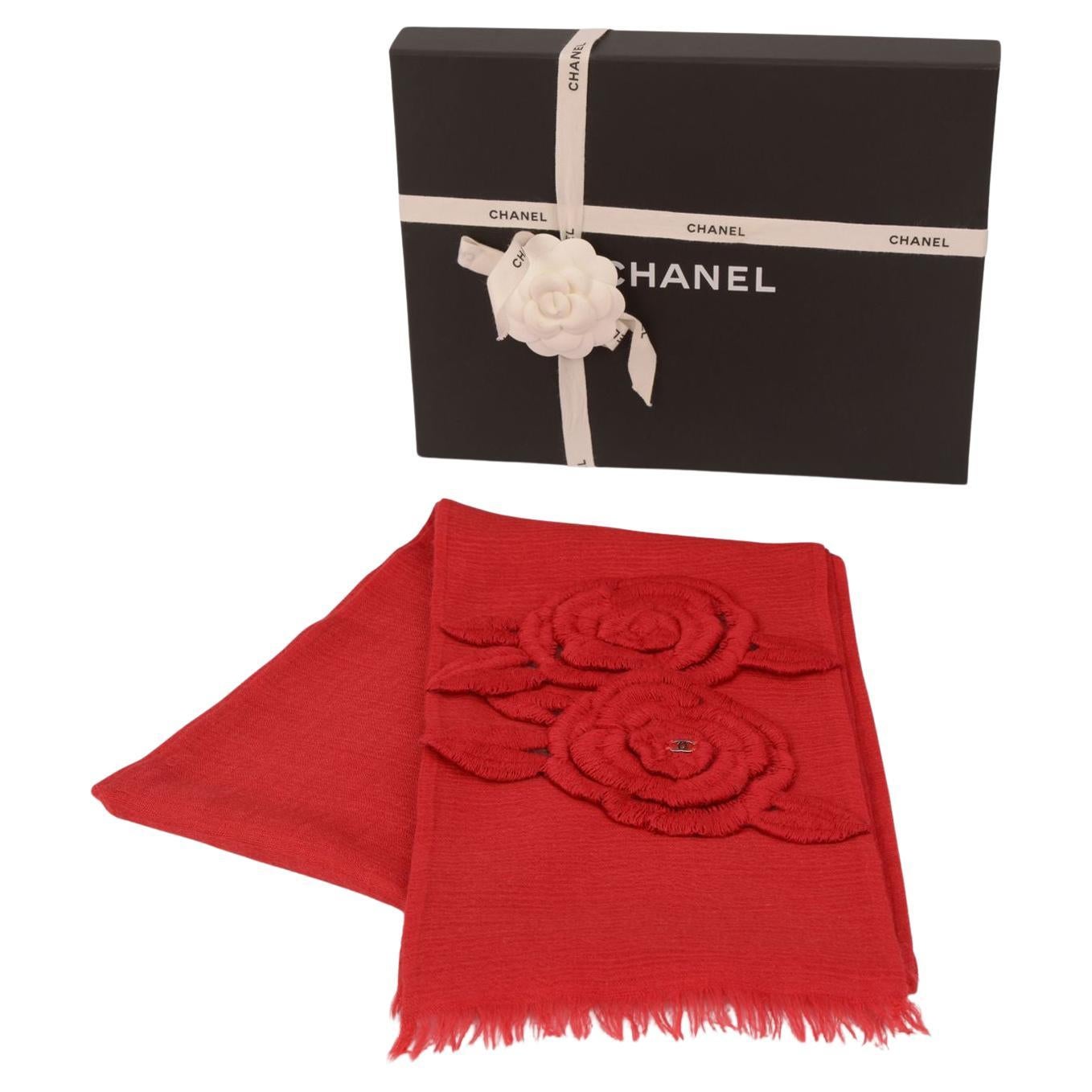Chanel NIB Red Camellia Cashmere Scarf
