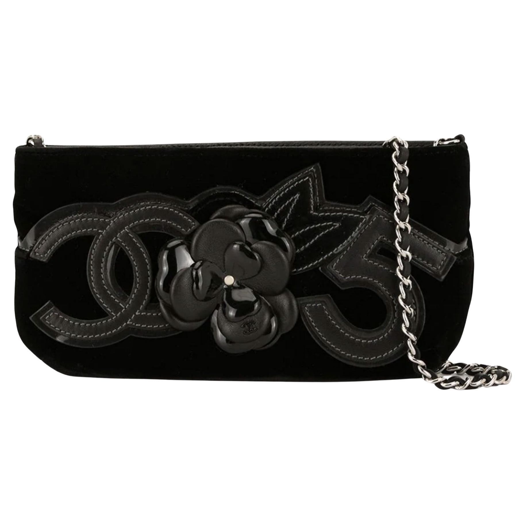 Chanel 2006 Vintage Velvet & Patent Camellia No. 5 Shoulder Clutch Evening Bag