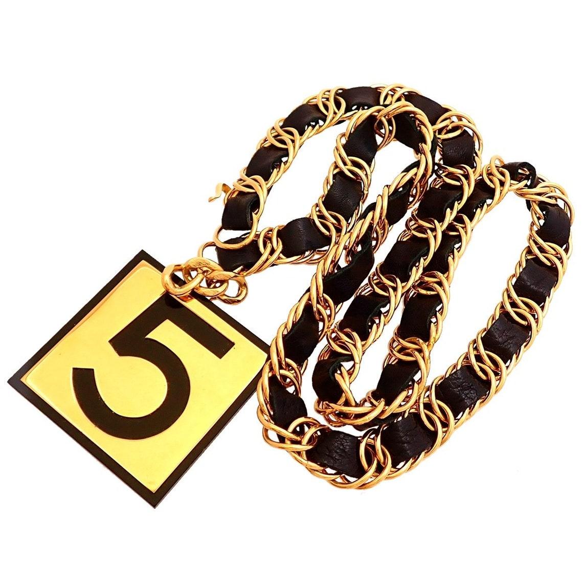 CHANEL No. Number 5 Gold Plated Charm Leather Chain Link Necklace / Belt In Good Condition In Chicago, IL