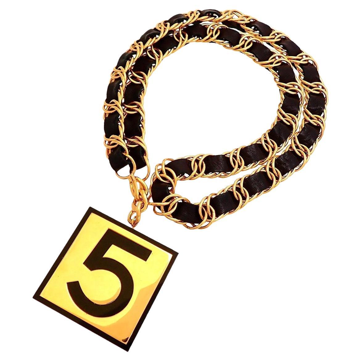 CHANEL No. Number 5 Gold Plated Charm Leather Chain Link Necklace / Belt