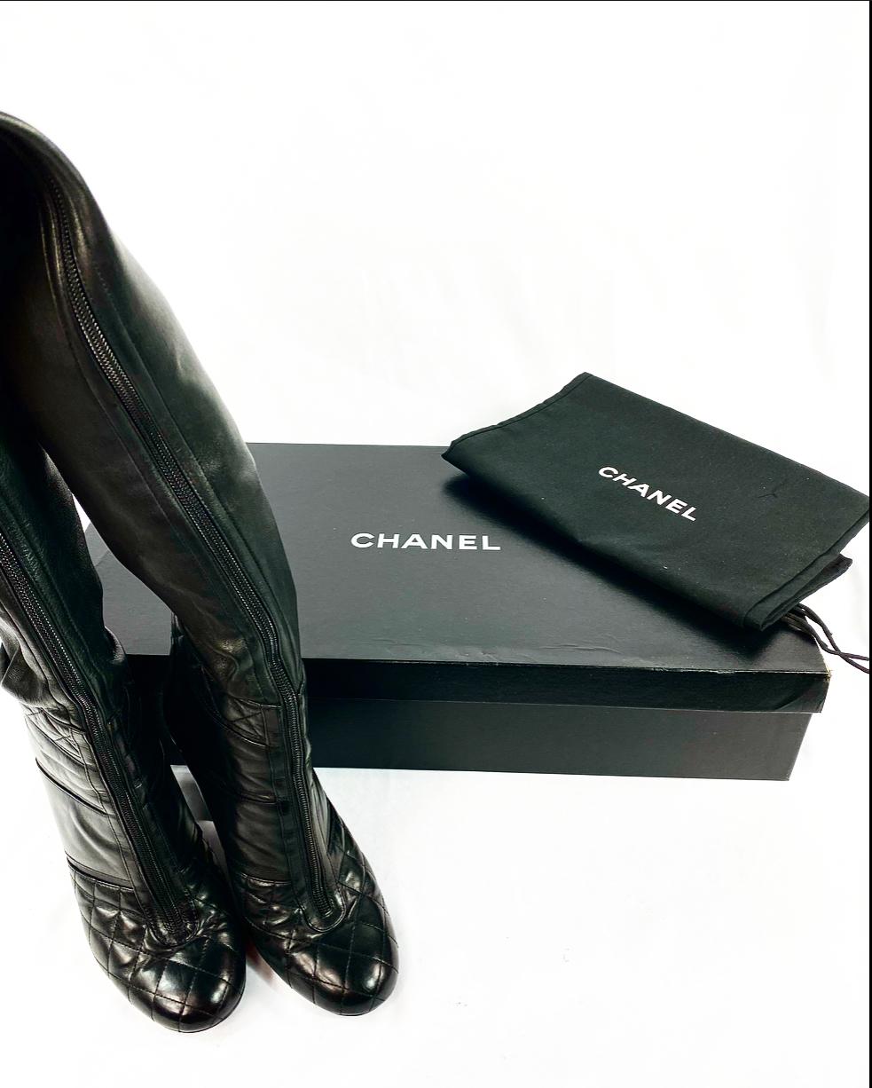 CHANEL Noir Black Quilted Leather Over Knee High Heel Front Zip Boots Size 39 1