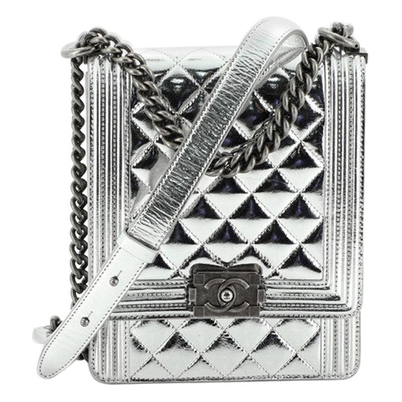 Chanel North South Boy Flap Bag Quilted Metallic Calfskin Small