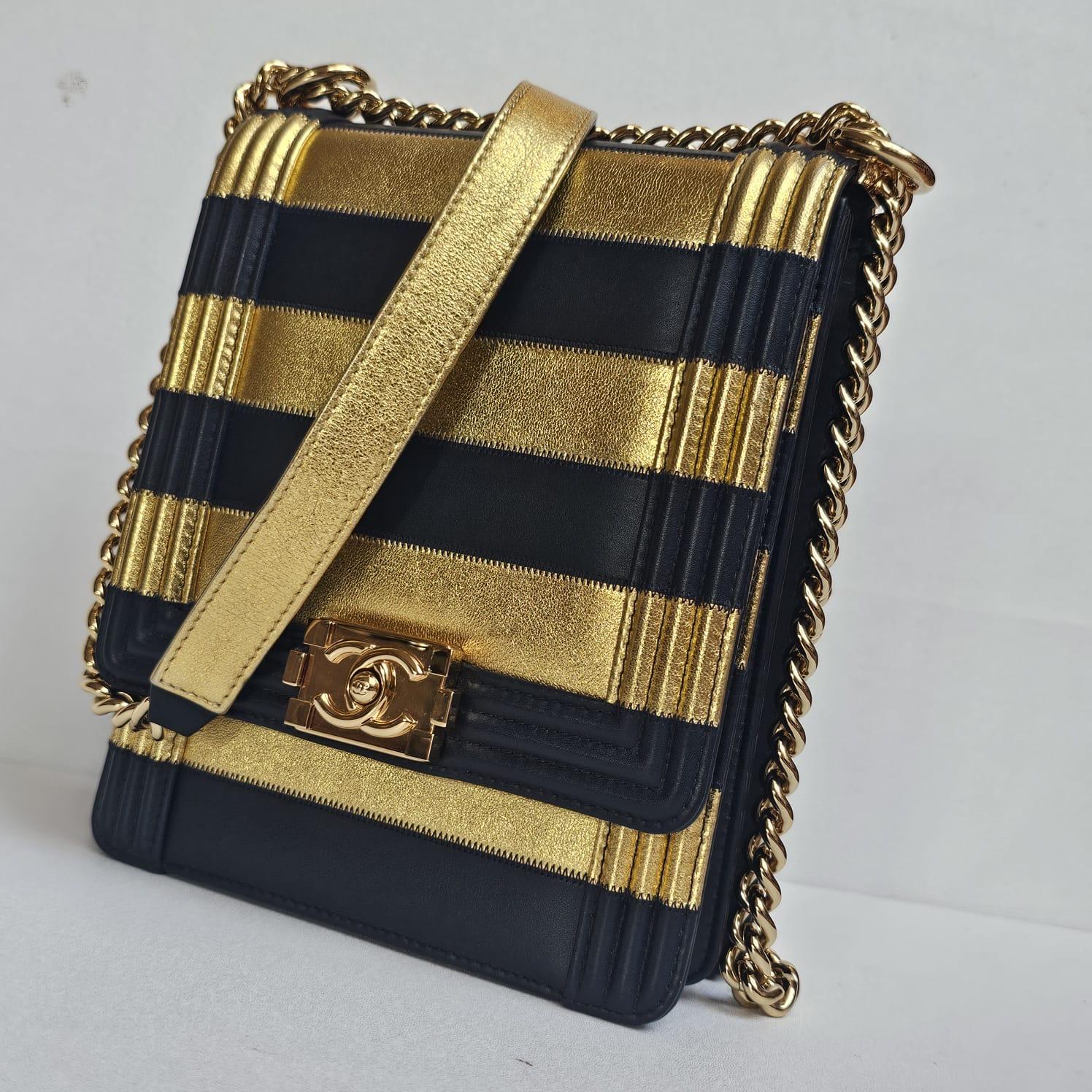 Chanel North South Vertical Gold Navy Metallic Stripe Boy Bag For Sale 6