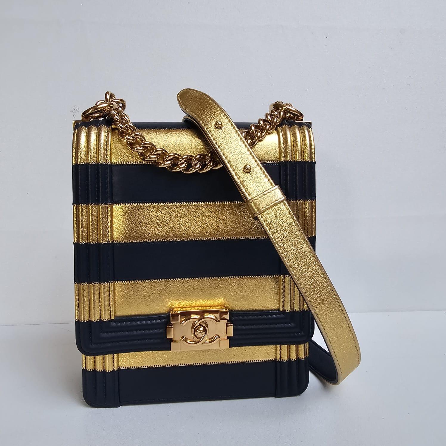 Chanel North South Vertical Gold Navy Metallic Stripe Boy Bag For Sale 7