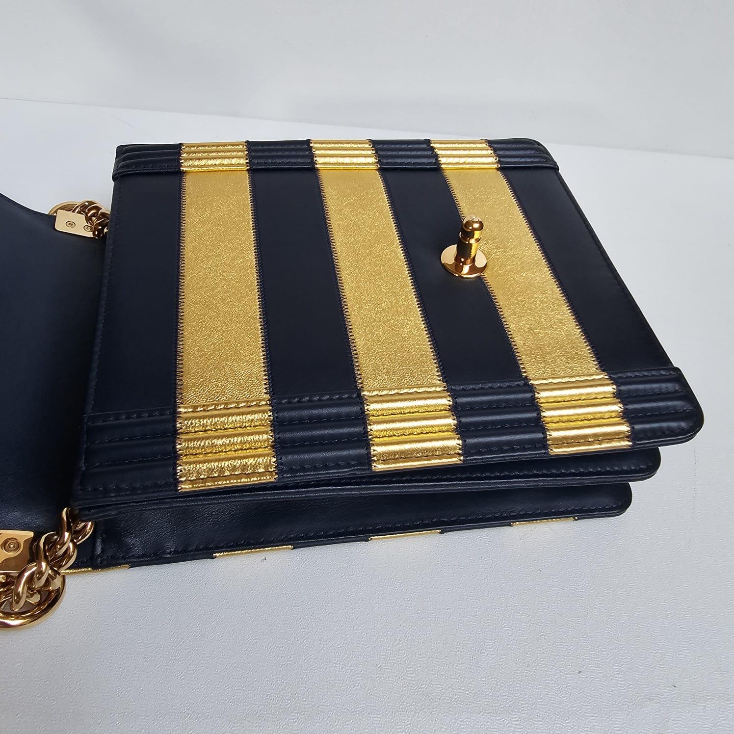 Chanel North South Vertical Gold Navy Metallic Stripe Boy Bag For Sale 9