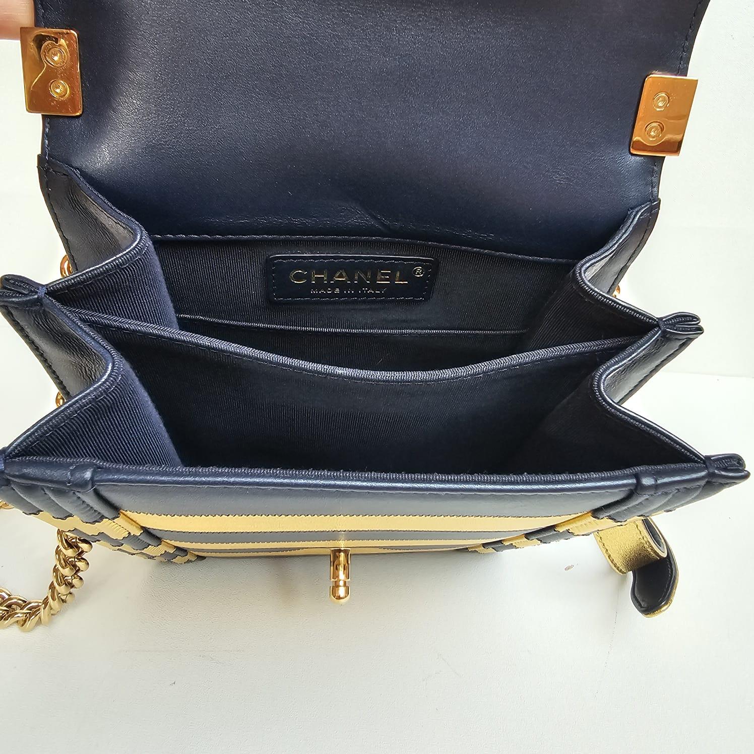 Chanel North South Vertical Gold Navy Metallic Stripe Boy Bag For Sale 10