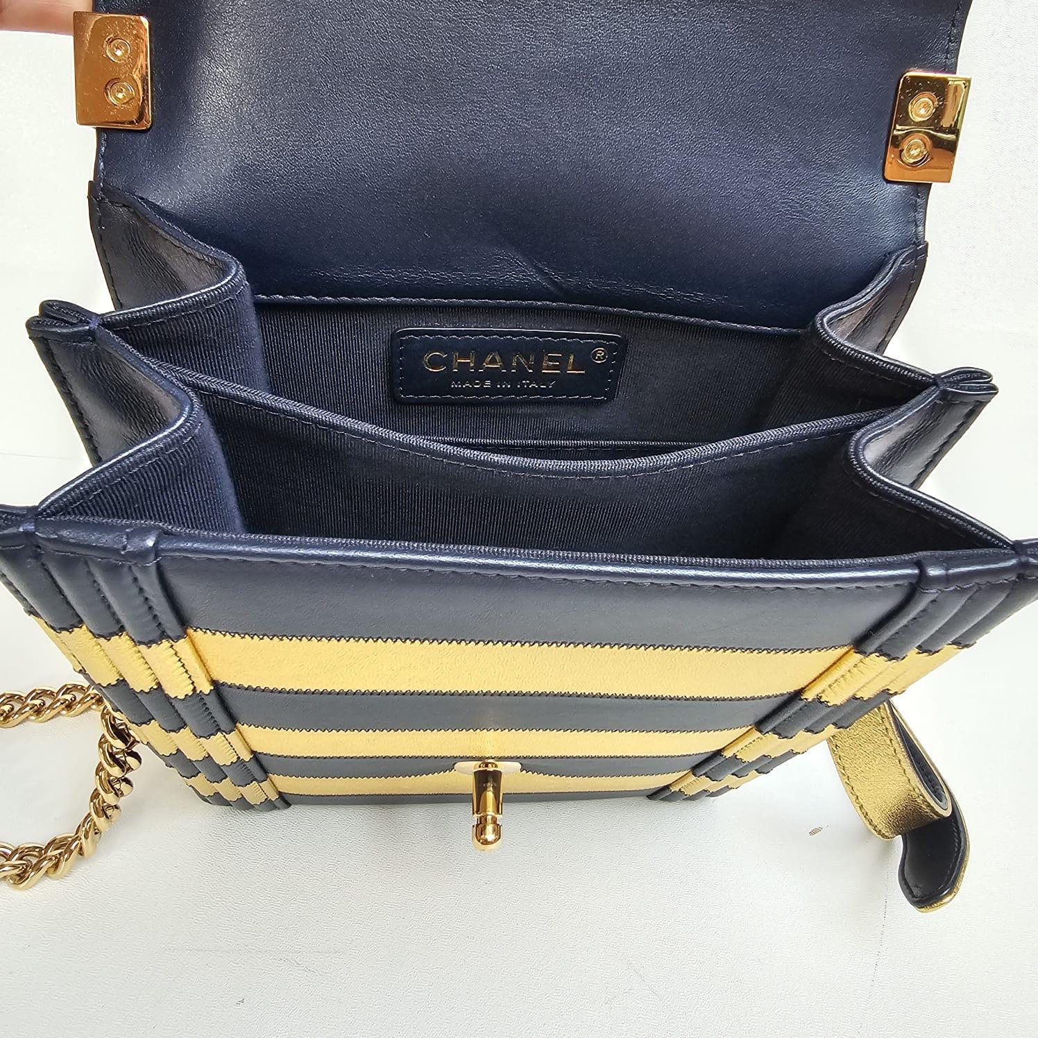 Chanel North South Vertical Gold Navy Metallic Stripe Boy Bag For Sale 12