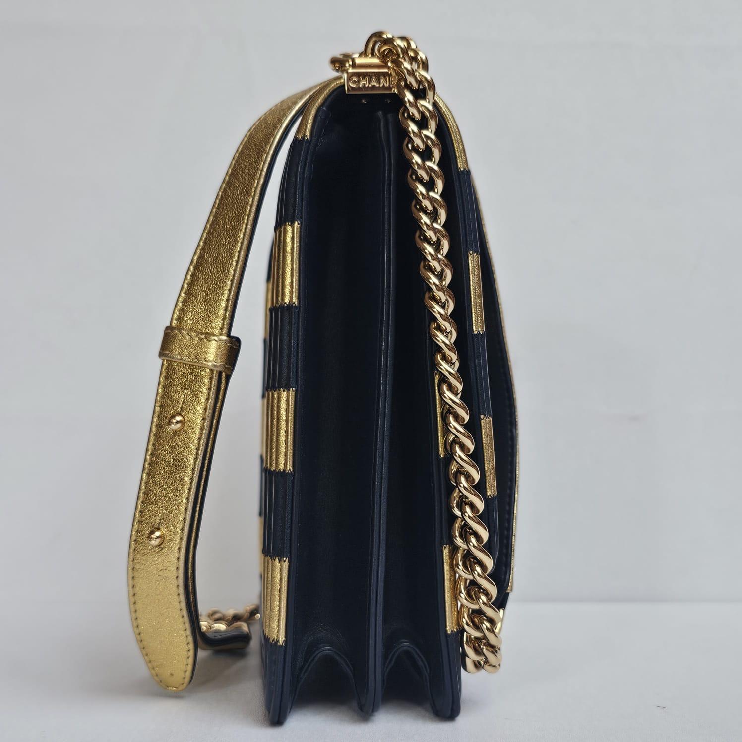 Chanel North South Vertical Gold Navy Metallic Stripe Boy Bag For Sale 13