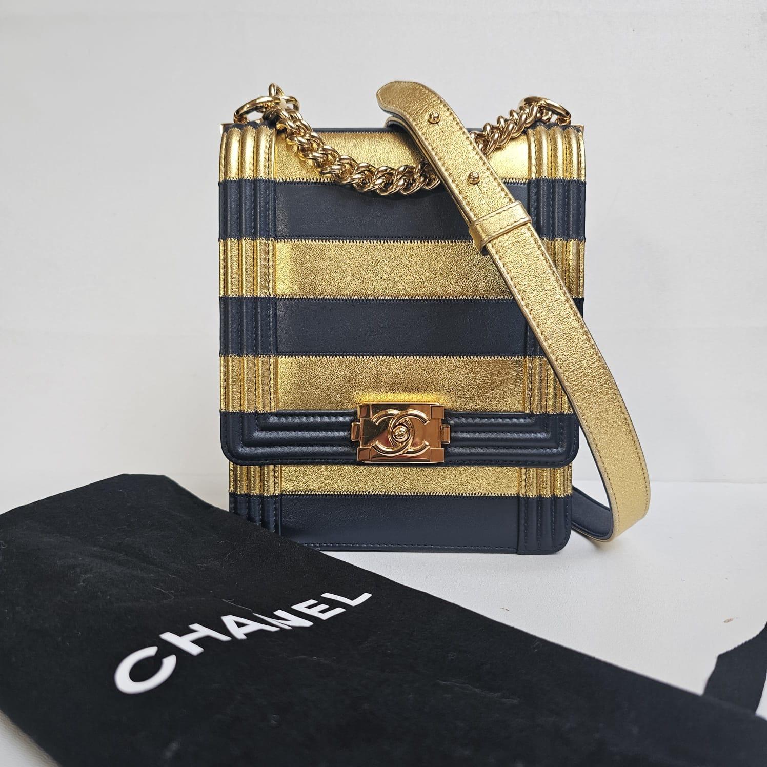 Chanel North South Vertical Gold Navy Metallic Stripe Boy Bag For Sale 14
